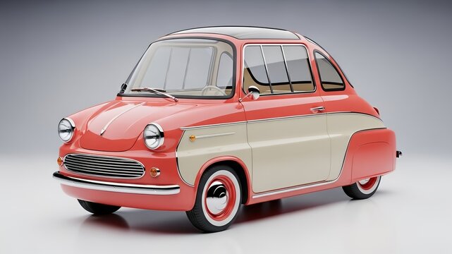 Pink and creamcolored zundapp janus microcar on plain backdrop. Suitable for vintage car enthusiasts or automotive themed designs.