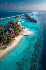 Fototapeta premium Aerial photo of luxury Maldives resort with turquoise lagoon, palm trees, white beach and overwater villas. Tropical paradise and dream travel destination seen from above.