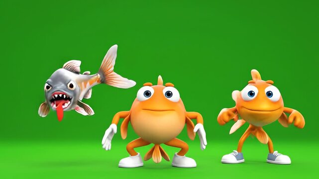 Animated cartoon fish characters dancing and interacting in a vibrant green setting, showcasing playful movements and expressive features in a lively, colorful scene.