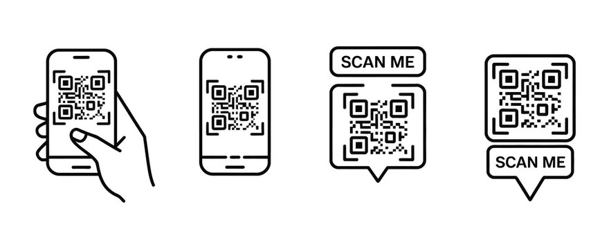 QR code scan illustration, vector icon of smartphone scanning QR code, &ldquo;scan me&rdquo; barcode symbol, modern digital technology and mobile payment concept