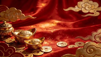 Still life of gold coins and ingots on a red silk fabric with golden clouds for Chinese New Year celebration with warm tones.