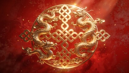 Golden dragons encircle a bright, ornate circle on a vibrant red background with chinese new year elements and warm lighting.