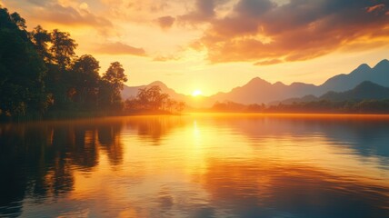 Naklejka premium Golden Sunset over Misty Lake with Mountain Reflections sunset lake misty mountains reflection water