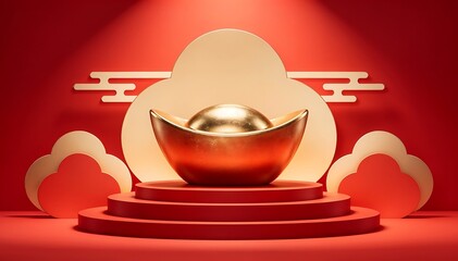 A golden ingot on a red pedestal with cloud-shaped decorations and a chinese new year theme in a bright, red background with warm tones.