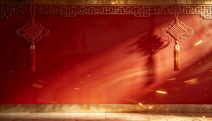 A vibrant red background with golden Chinese New Year decorations and lighting effects, conveying a festive mood with a cinematic feel.