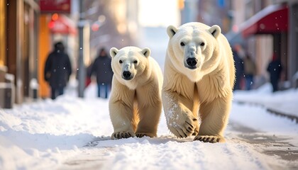 polar bears walking on city street.