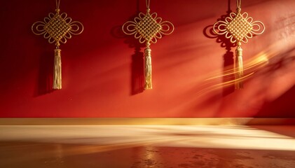 Warmly lit chinese new year decorations hang on a vibrant red wall with golden accents and soft shadows dancing across the scene.
