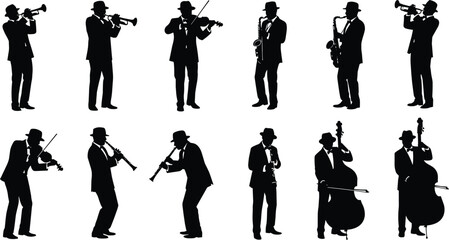 Jazz musician silhouettes vector set featuring trumpet, saxophone, violin and double bass players in suits and hats isolated on white background © Mojahid