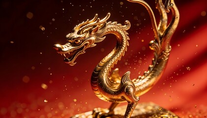 Golden dragon statue on a red background with gold confetti, celebrating Chinese New Year with a festive mood and cinematic lighting.