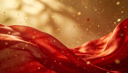 Vibrant red fabric waving with golden sparkles against a warm, blurred background, conveying a festive and joyful mood with chinese new year elements.