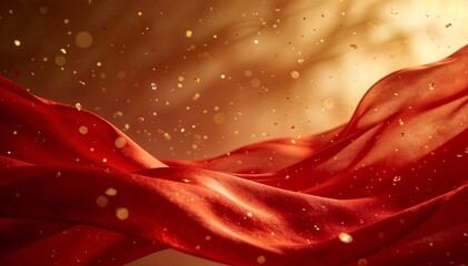 Vibrant red silk fabric waving with golden light and particles, evoking a celebratory atmosphere for chinese new year against a warm background.