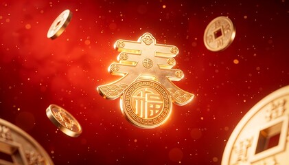 Gold coins with chinese new year symbols floating in mid-air against a vibrant red background with warm lighting and subtle bokeh effect.