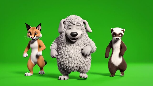 Animated cartoon animals dancing in a vibrant green studio setting, showcasing joyful movement and playful expressions in a colorful, whimsical.