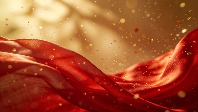 Vibrant red fabric waving with golden sparkles against a warm, blurred background, conveying a festive and joyful mood with chinese new year elements.