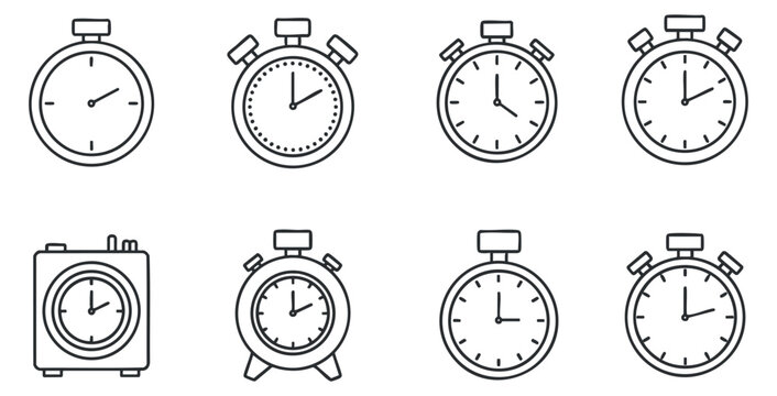 A set of various stopwatch and timer icons in clean black and white outline vector style, ideal for time management designs
