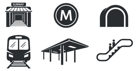 Fototapeta premium A collection of subway and train icons in flat black and white vector style, suitable for transportation design projects