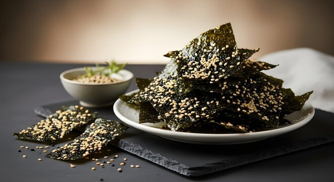 A pile of sesame-covered seaweed snacks served on a plate.