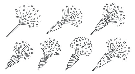 Naklejka premium A set of festive party poppers and fireworks in outlined vector style, ideal for celebration designs and event branding