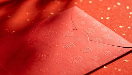 Close-up of a red envelope with intricate designs for Chinese New Year on a matching red background with gold confetti.