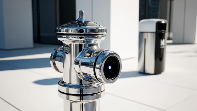 Futuristic Fire Hydrant Standing Outside Modern Office Building