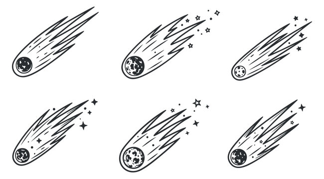 A collection of six comets with varying designs in black and white vector style, ideal for space-themed projects