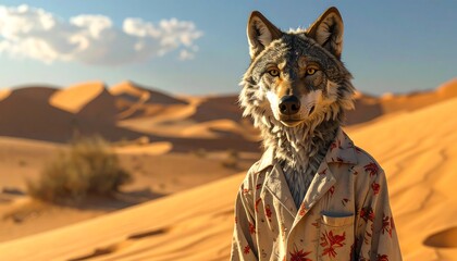 Anthropomorphic Cat in Desert Landscape Wearing Shirt.