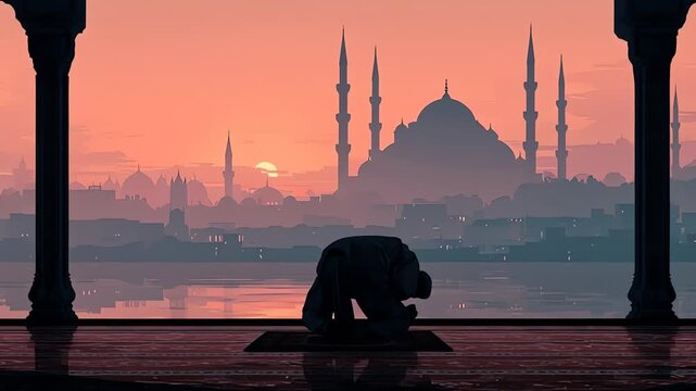 Muslim man praying at sunrise overlooking historical mosque cityscape