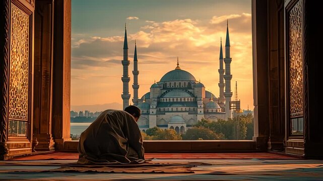 Muslim Prayer at Blue Mosque Sunset View from Ornate Archway Istanbul