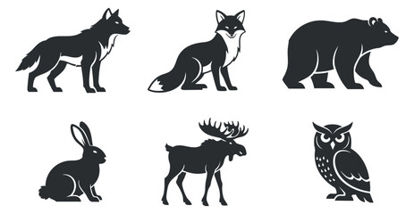 Fototapeta premium A collection of six animal silhouettes including a wolf, fox, bear, rabbit, moose, and owl in black vector style, suitable for nature-themed projects