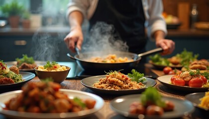 Obraz premium Chef cooks tasty food in modern kitchen. Steam rises from pan with meal. Many dishes prepared, ready for guests. Fine dining cuisine service for restaurant or home.