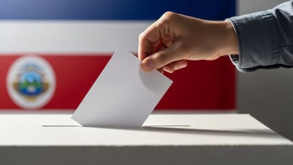 Hand casting a vote into a ballot box with the flag of Costa Rica in the background. Concept of national elections, democracy, presidential campaigns, and political rights in the Costa Rican republic.