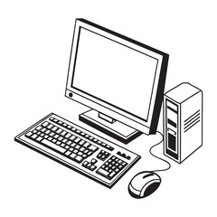 Desktop Computer with Keyboard and Mouse Line Art Illustration