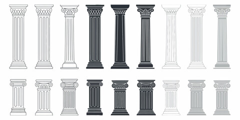 Ancient Greek Columns Clipart Set featuring outline, black silhouette, and detailed color variations for architectural design.