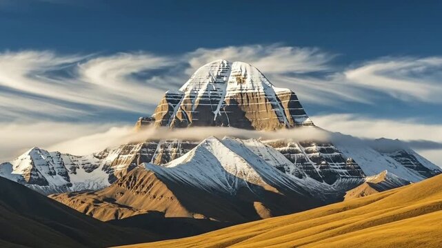 Kailash mountain sacred Maha Shivratri festival landscape video with snow peak clouds and sunrise light for spiritual meditation travel background and devotion celebration