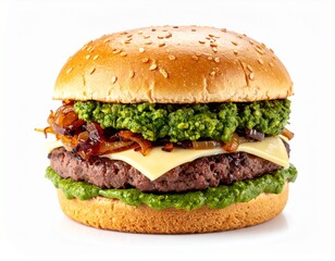 Gourmet beef burger with green pesto sauce and fresh vegetables 