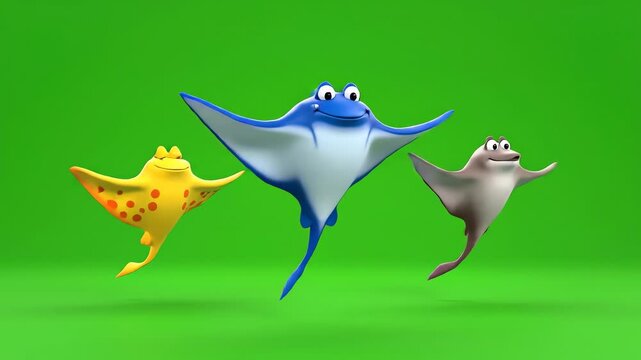 Three colorful cartoon fish characters joyfully swimming and leaping through vibrant green water, their expressive faces and dynamic poses creating a lively and engaging underwater scene perfect.