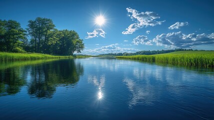 Obraz premium Sunny Summer Day on Peaceful River with Lush Green Banks river green summer peaceful water nature