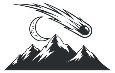 Fototapeta premium A stylized illustration of mountains with a comet and crescent moon in black and white vector style, perfect for outdoor adventure themes