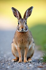 Fototapeta premium European brown hare sits on gravel path amid green grass. Wild mammal with long ears looks forward, camouflaged brown fur blends with natural surroundings. Sunny day warm light.