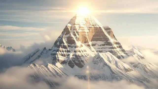 Kailash mountain sacred Maha Shivratri spiritual landscape video with snow covered peak clouds river valley and golden sunrise light for meditation devotion travel background
