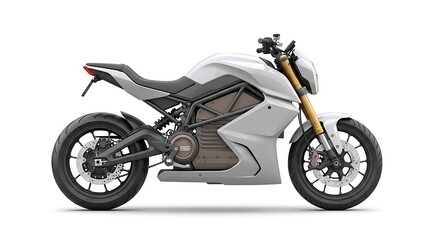 Fototapeta premium Sleek Electric Motorcycle on a White Background - Futuristic Two-Wheeled Vehicle