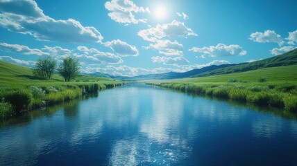 Obraz premium Tranquil River Flowing Through Lush Green Valley Under Sunny Sky river green valley sky tranquil sun