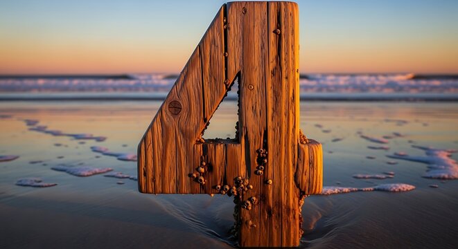 Large wooden number four on a sandy beach at sunset ocean