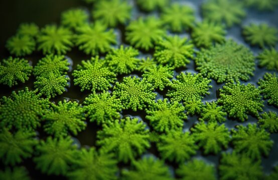 Tiny green azolla plants float on dark water surface creating abstract natural pattern. Ferns grow close together in cool damp environment on pond or river.