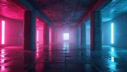 Fototapeta na wymiar Futuristic concrete corridor with glowing neon lights in pink and blue hues. Reflections on wet floor add depth to this modern, atmospheric space. A bright light shines at the end.