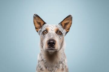 Naklejka premium australian cattle Dog poses for a close-up against blue background in a studio setting during daylight hours