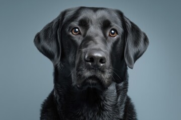 Fototapeta premium Black Labrador Retriever dog looks directly at the camera with focused eyes in a studio setting with neutral background