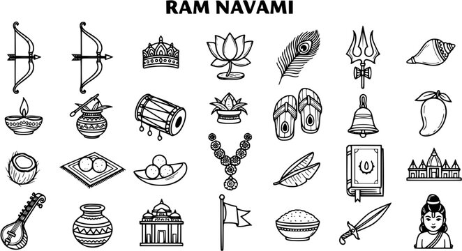 Hindu Festival Ram Navami Black and White Line Art Icons Set: Traditional Religious Symbols  Cultural Elements in Outline Doodle Style