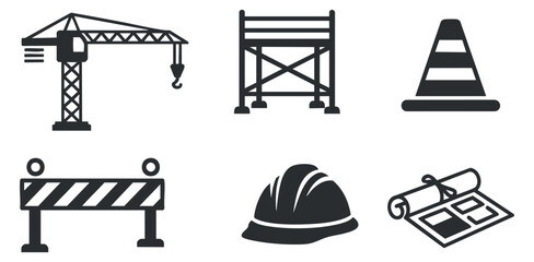 A set of construction icons including a crane, scaffold, safety cone, barrier, hard hat, and blueprint in minimalist black and white vector style, ideal for engineering and construction projects