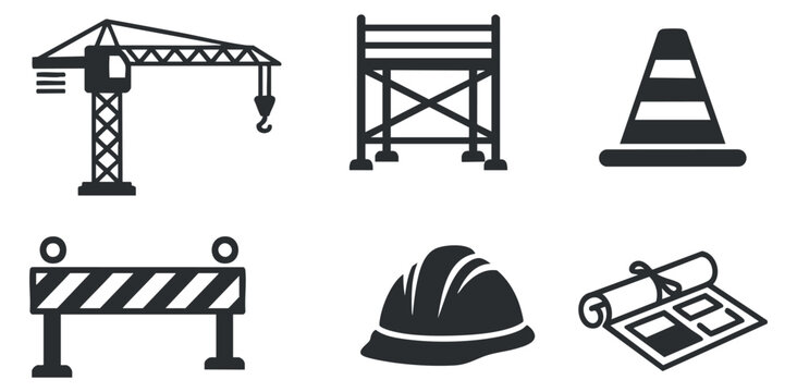 A set of construction icons including a crane, scaffold, safety cone, barrier, hard hat, and blueprint in minimalist black and white vector style, ideal for engineering and construction projects